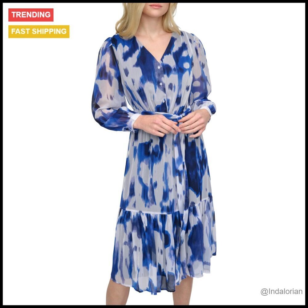 Long Sleeve V-Neck Midi Dress Elegant Fit Flare Silhouette Tie Waist Belt